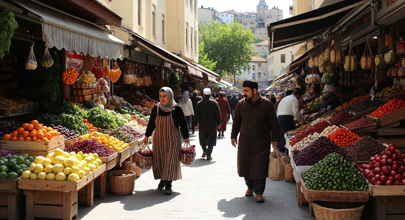 A vibrant Turkish marketplace with vendors collaboratively selling fresh produce, handmade crafts, and spices, symbolizing interconnected economic ecosystems through mutual benefit and harmony.