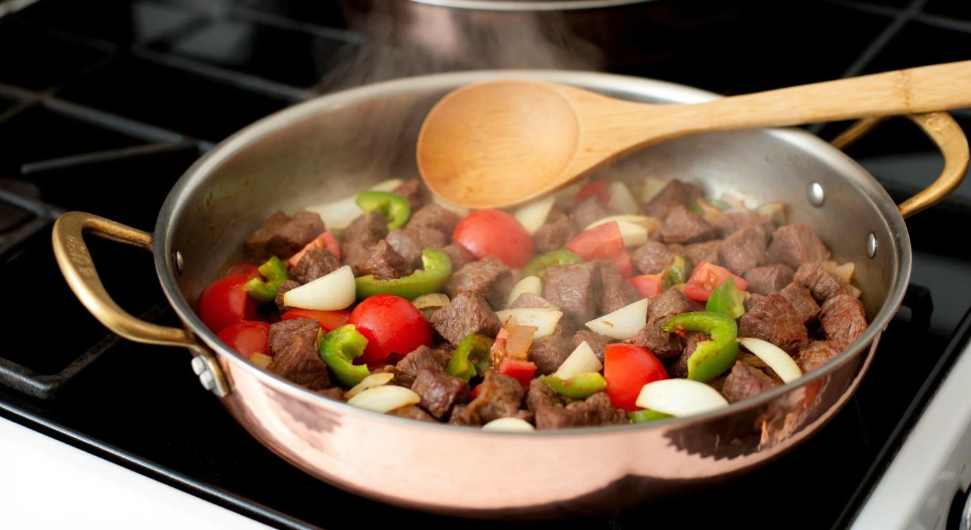 A steaming copper pot on a stovetop, filled with sizzling cubed beef, onions, green peppers, and tomatoes, releasing aromatic spices like cumin and black pepper, with a wooden spoon resting on the edge.