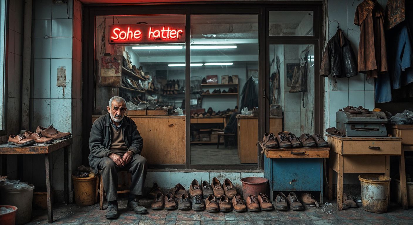 An elderly Turkish cobbler sitting alone in a dimly lit, weathered workshop, surrounded by worn-out leather shoes and rusted tools, with a large modern shoe store's bright neon reflection visible through the dusty window.