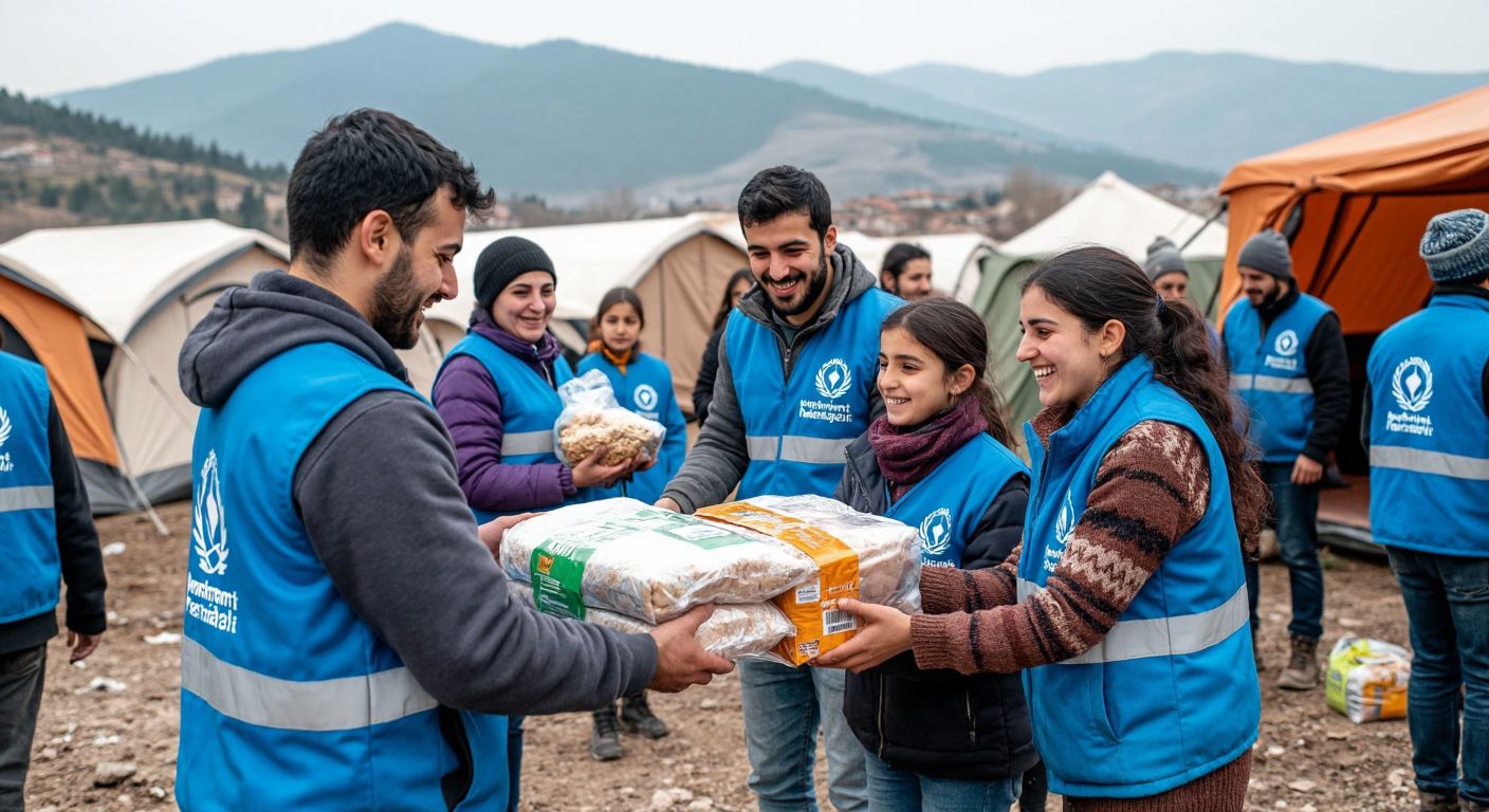 A group of diverse volunteers in blue vests with the Merhamet Teşkilatı logo (without text) distributes food and blankets to smiling families in front of a temporary tent camp after a natural disaster, with a backdrop of Turkish mountains.