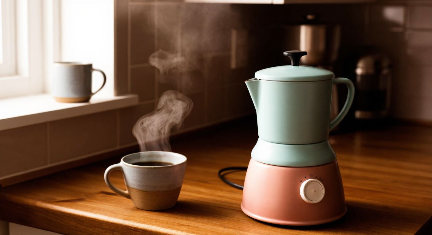 A vintage-style coffee maker with a rounded, pastel-colored body sits on a wooden kitchen counter, steam rising from its spout as freshly brewed coffee fills a small ceramic cup beside it, evoking warmth and nostalgia.