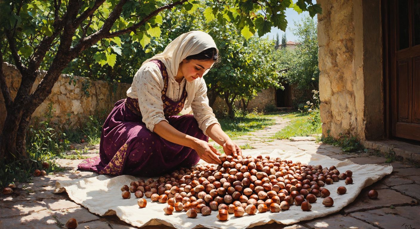 A sunlit Turkish courtyard with freshly harvested hazelnuts spread in a single layer on a clean cloth, a woman in traditional rural attire gently stirring them with her hands, surrounded by lush green hazelnut trees.