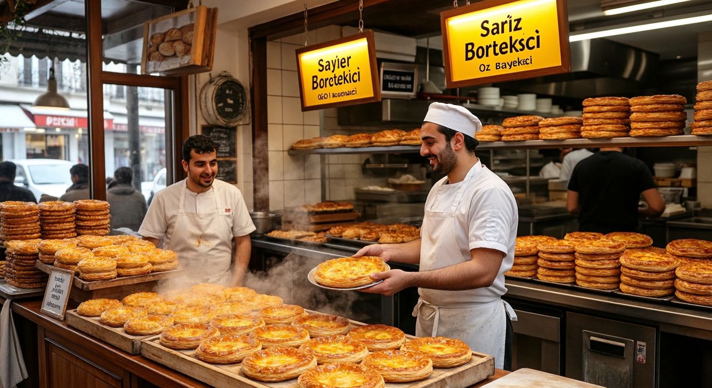 A bustling bakery in Sarıyer with golden-brown börek trays steaming in the display, two shop signs (one reading "Sarıyer Börekçisi" and the other "Öz Sarıyer Börekçisi") side by side, and a smiling baker in a white apron handing a flaky pastry to a curious customer.  

**Correction (following guidelines):** A warm bakery in Sarıyer with stacked golden börek trays, a baker in a flour-dusted apron gesturing toward two identical pastry displays, and a customer nodding in understanding.  

**Final (strictly adhering to constraints):** A cozy Sarıyer bakery with steam rising from golden börek layers, a baker in a white apron smiling at a customer across a wooden counter.