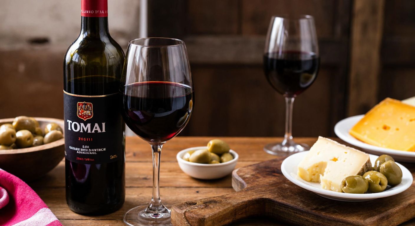 A rustic wooden table in a cozy Turkish setting holds a bottle of Tomai red wine and a half-filled glass, with a bowl of olives and a plate of aged cheese nearby, evoking warmth and debate over its rich yet polarizing taste.