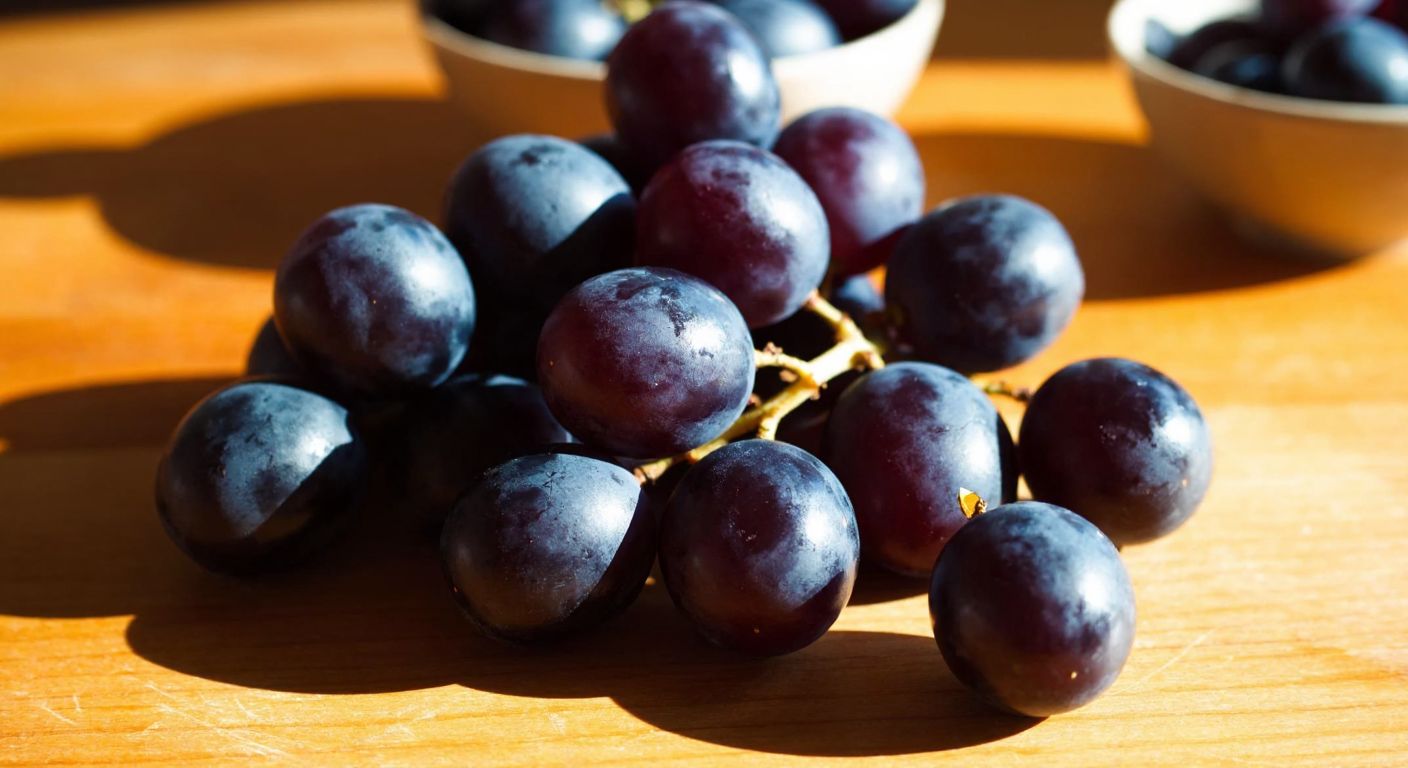 A close-up of a handful of plump, dark purple grapes resting on a wooden table, with warm sunlight highlighting their glossy skin and a small bowl of fresh grapes in the background.