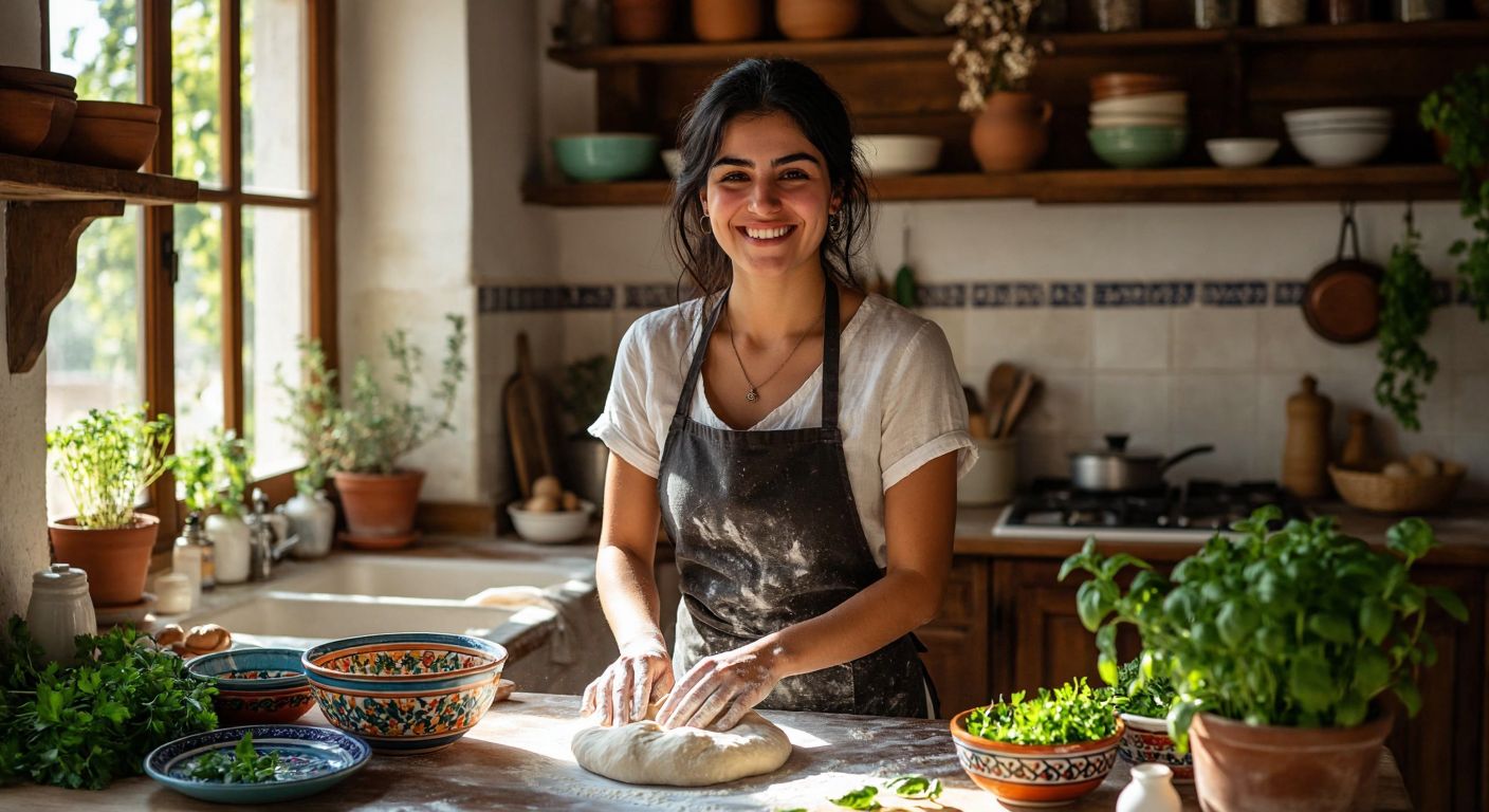 A smiling woman with dark hair and an apron stands in a sunlit Turkish kitchen, kneading dough on a flour-dusted countertop with colorful ceramic bowls and fresh herbs nearby.