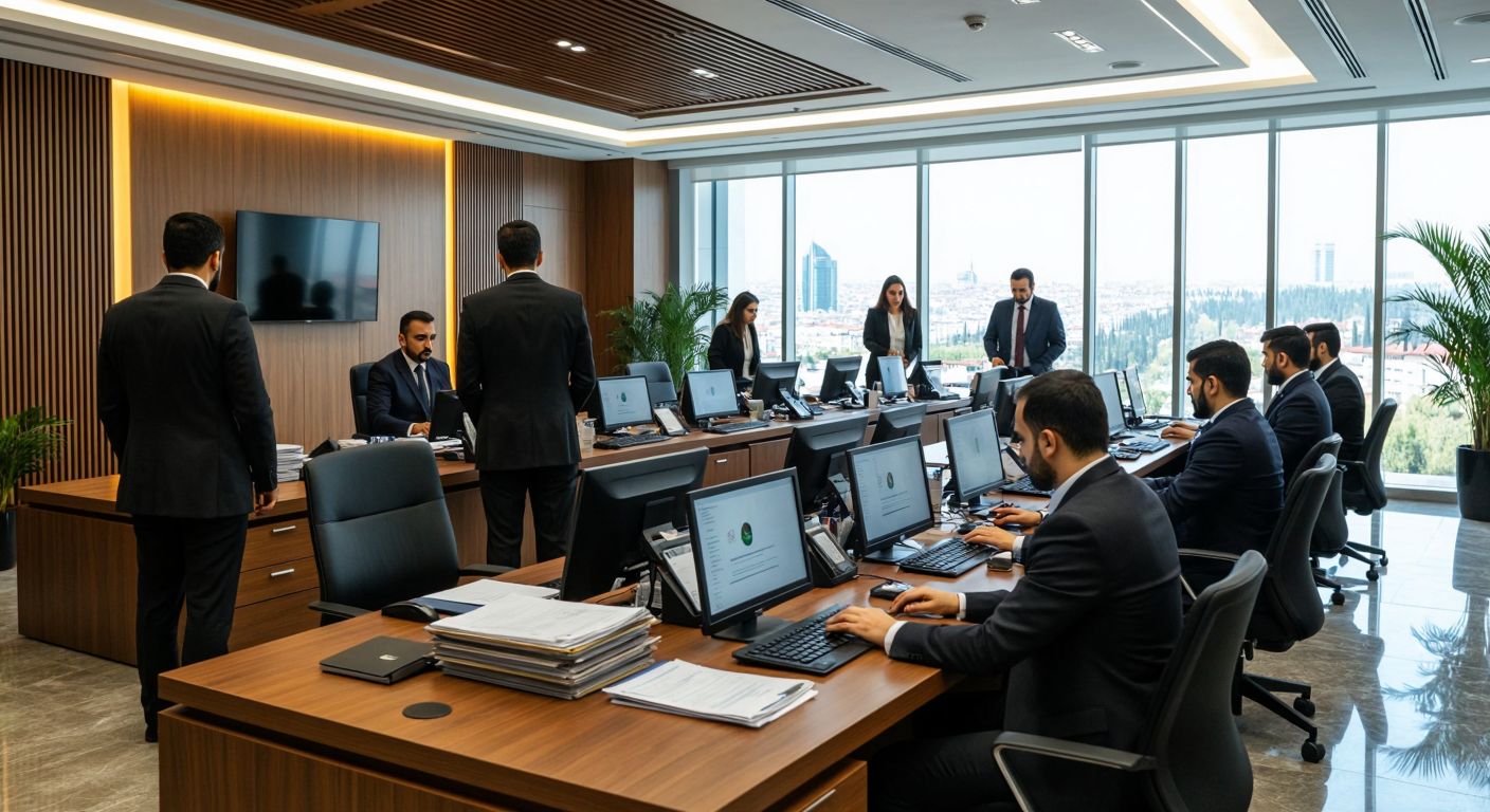 A modern Turkish government office with officials in formal attire efficiently processing digital business registrations on sleek computers, symbolizing centralized organization and digital transformation.