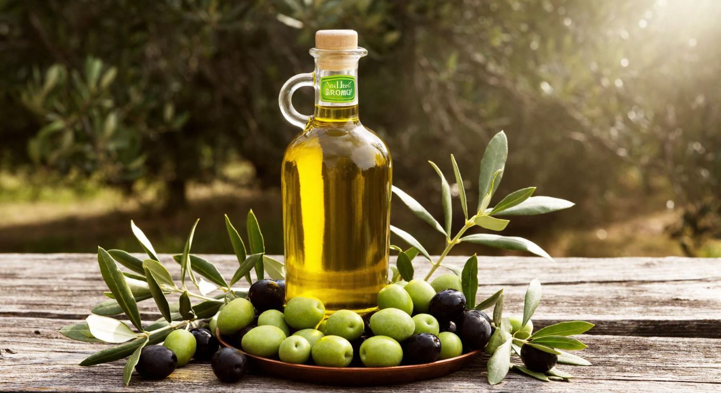 A golden olive oil bottle with a green label, nestled among fresh olives and olive branches on a rustic wooden table in a sunlit Turkish grove.