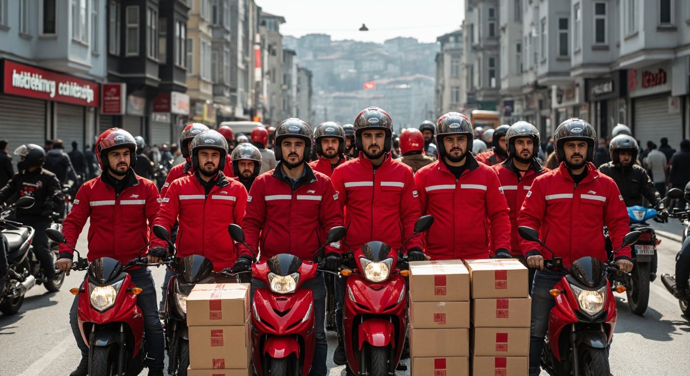 A group of determined motorbike couriers in red jackets stand together on a bustling Istanbul street, their helmets reflecting sunlight as they gesture in protest, with stacked delivery packages at their feet.