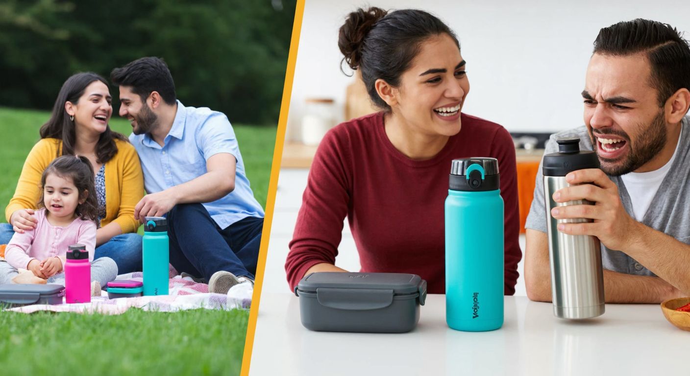 A split-image scene: on one side, a smiling Turkish family picnicking with colorful Vagonlife water bottles and lunchboxes on a grassy hill, while the other side shows a frustrated customer holding a leaking thermos at a kitchen table.