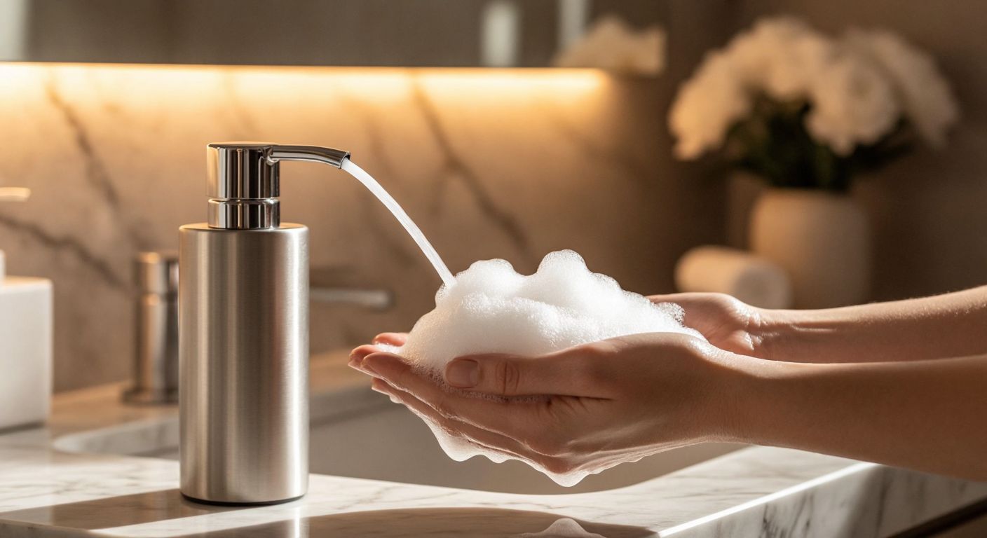 A sleek stainless steel foam soap dispenser sits on a marble bathroom counter, releasing a fluffy cloud of white foam into a pair of cupped hands under warm, soft lighting.
