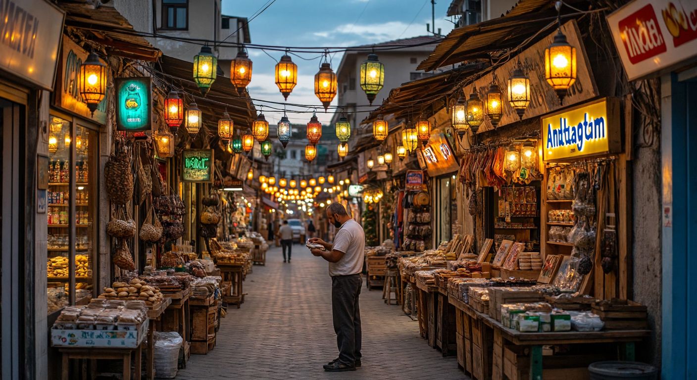 A vibrant street in Antakya at dusk, lined with shops displaying illuminated LED signs, rustic wooden signs, and colorful PVC signs, while a craftsman adjusts a mounted box-letter sign under the warm glow of hanging lanterns.
