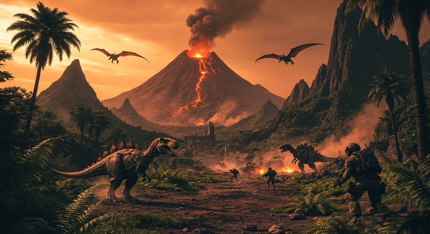 A rugged prehistoric landscape with towering volcanoes, sparse ferns, and early dinosaurs roaming under a hazy orange sky, juxtaposed with a futuristic scene of humans in tactical gear battling advanced dinosaurs in a ruined city.