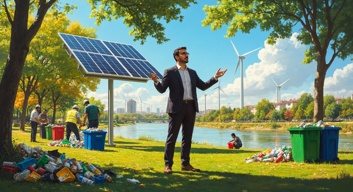 A Turkish economist in a suit stands in a sunlit park, gesturing toward a solar panel installation while workers sort recyclables into colorful bins nearby, with a clean river and wind turbines visible in the background.
