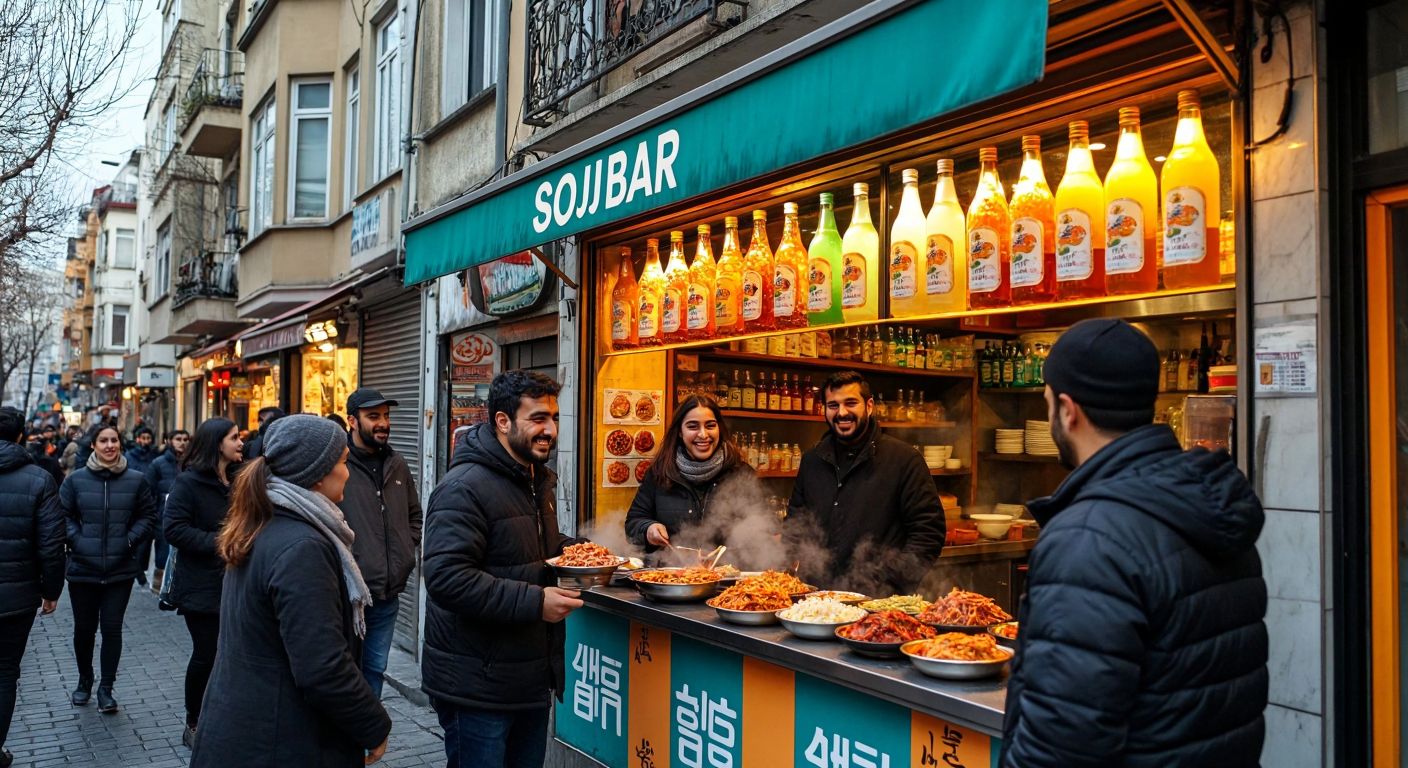 A bustling street in Istanbul’s Kadıköy district, with a vibrant Sojubar storefront displaying colorful Korean soju bottles and steaming plates of kimchi, while a cheerful Turkish waiter serves a group of excited customers.