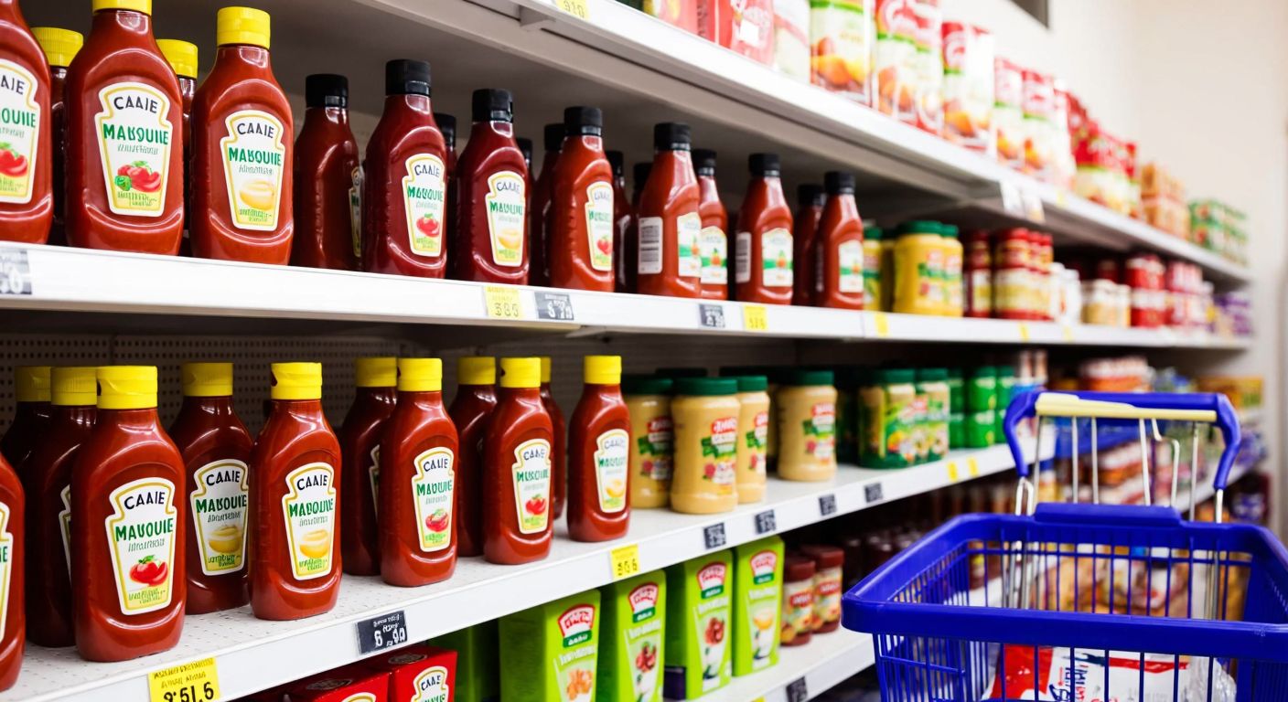 A colorful supermarket shelf in Turkey lined with various ketchup and mayonnaise bottles from brands like Calve, Heinz, and Pınar, with a shopping basket nearby.
