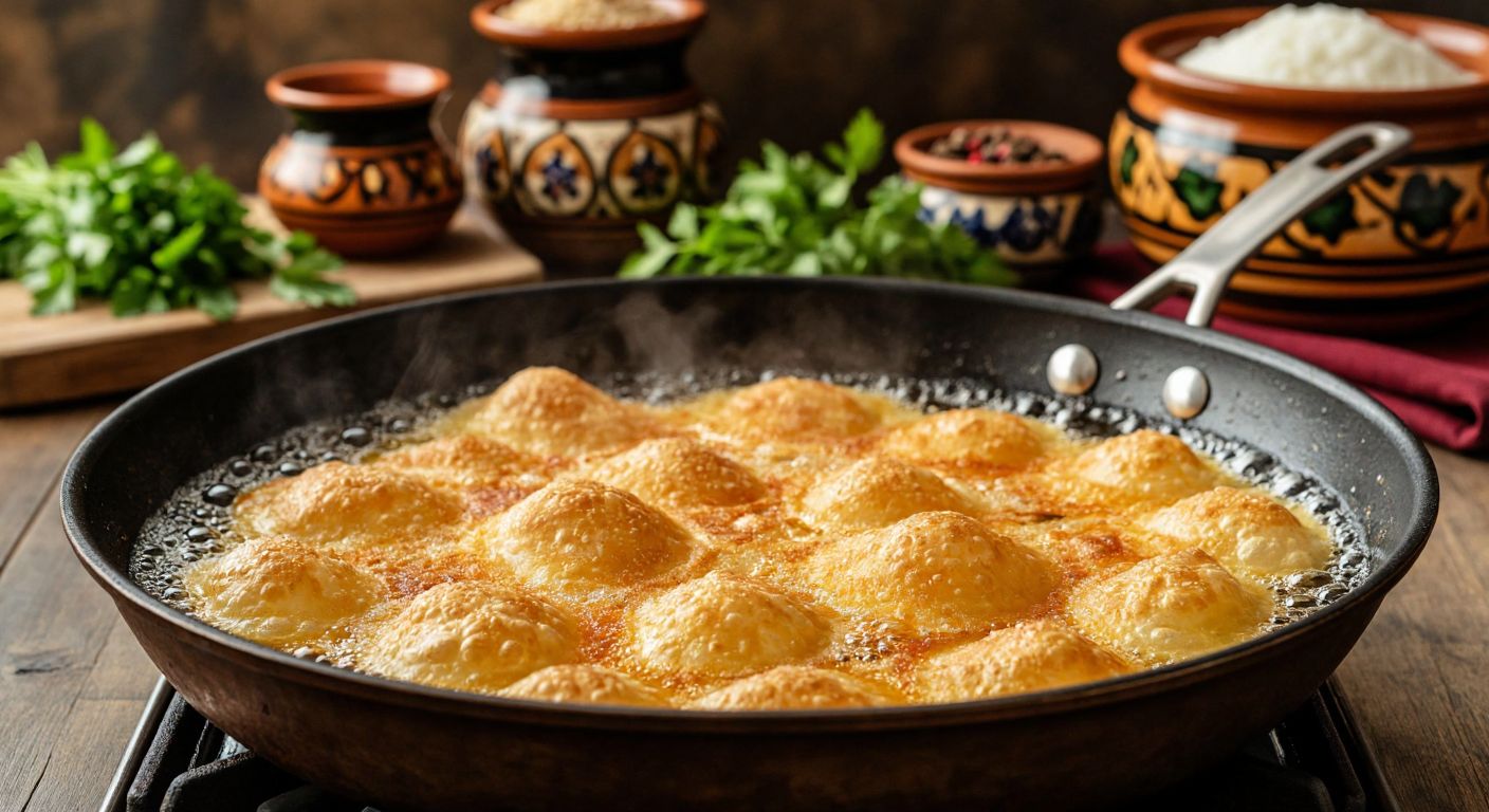 A golden, crispy yufka chip sizzling in a deep pan of bubbling liquid oil, with a Turkish kitchen backdrop featuring traditional ceramic bowls and fresh herbs.