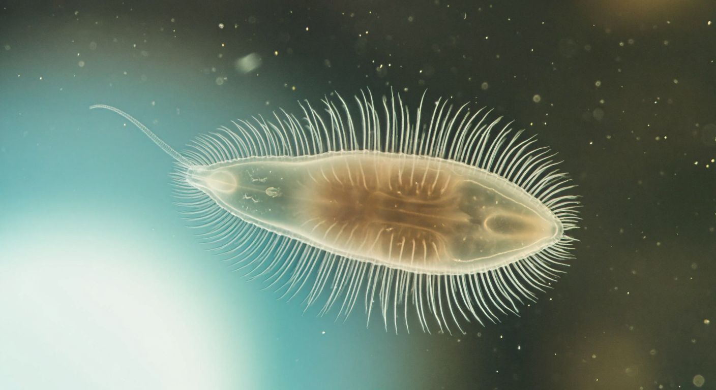 A magnified, translucent single-celled protozoan with visible organelles and undulating cilia, floating in a shimmering drop of water under soft light.