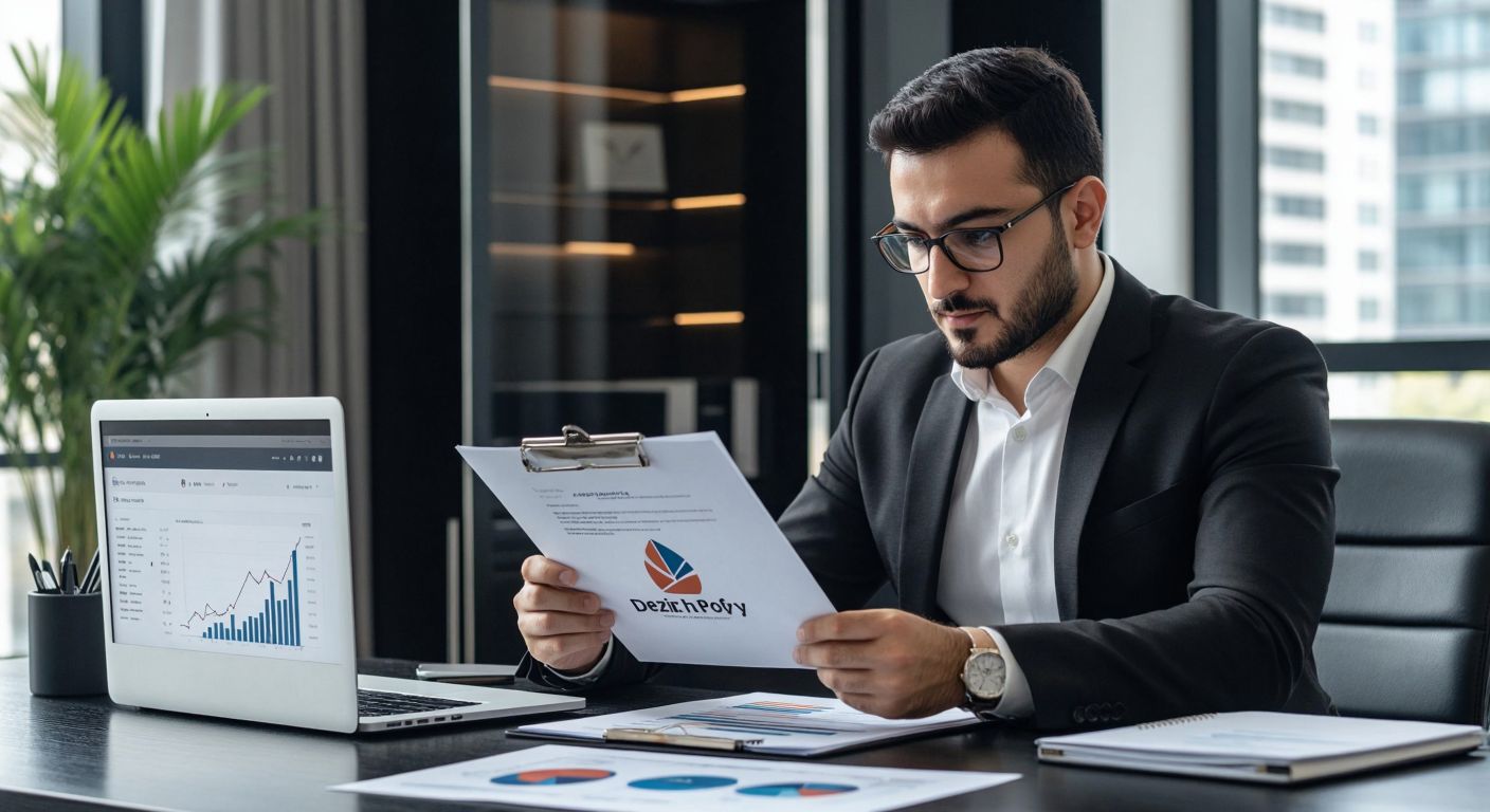 A professional Turkish investor in a sleek office reviews a formal document with a Deniz Portföy logo, surrounded by financial charts and a laptop displaying market trends.