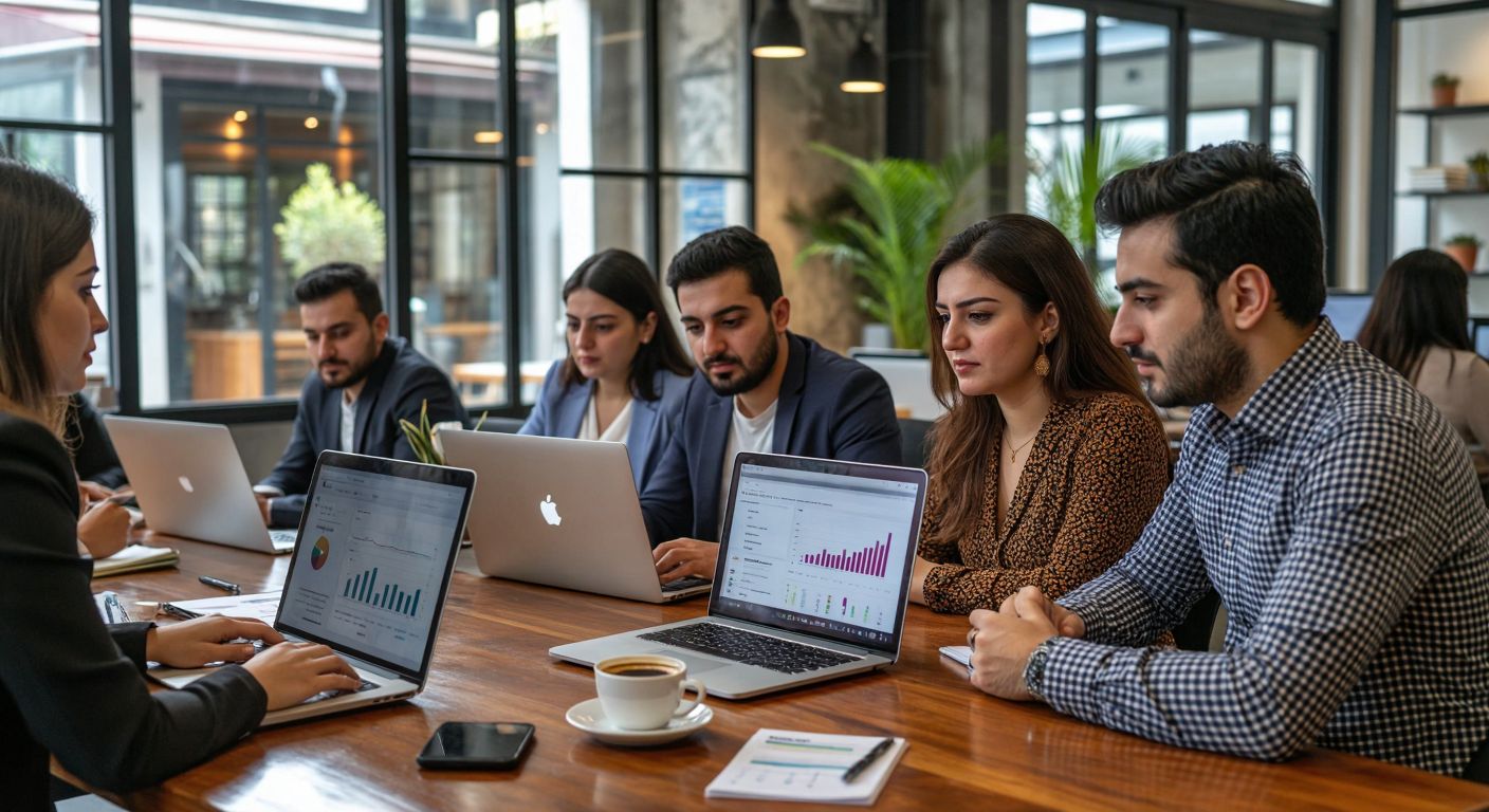 A bustling Turkish office with diverse professionals—business owners, e-commerce entrepreneurs, and financial advisors—huddled around laptops, reviewing digital invoices and financial charts with focused expressions, while a steaming cup of Turkish coffee sits on a wooden desk.