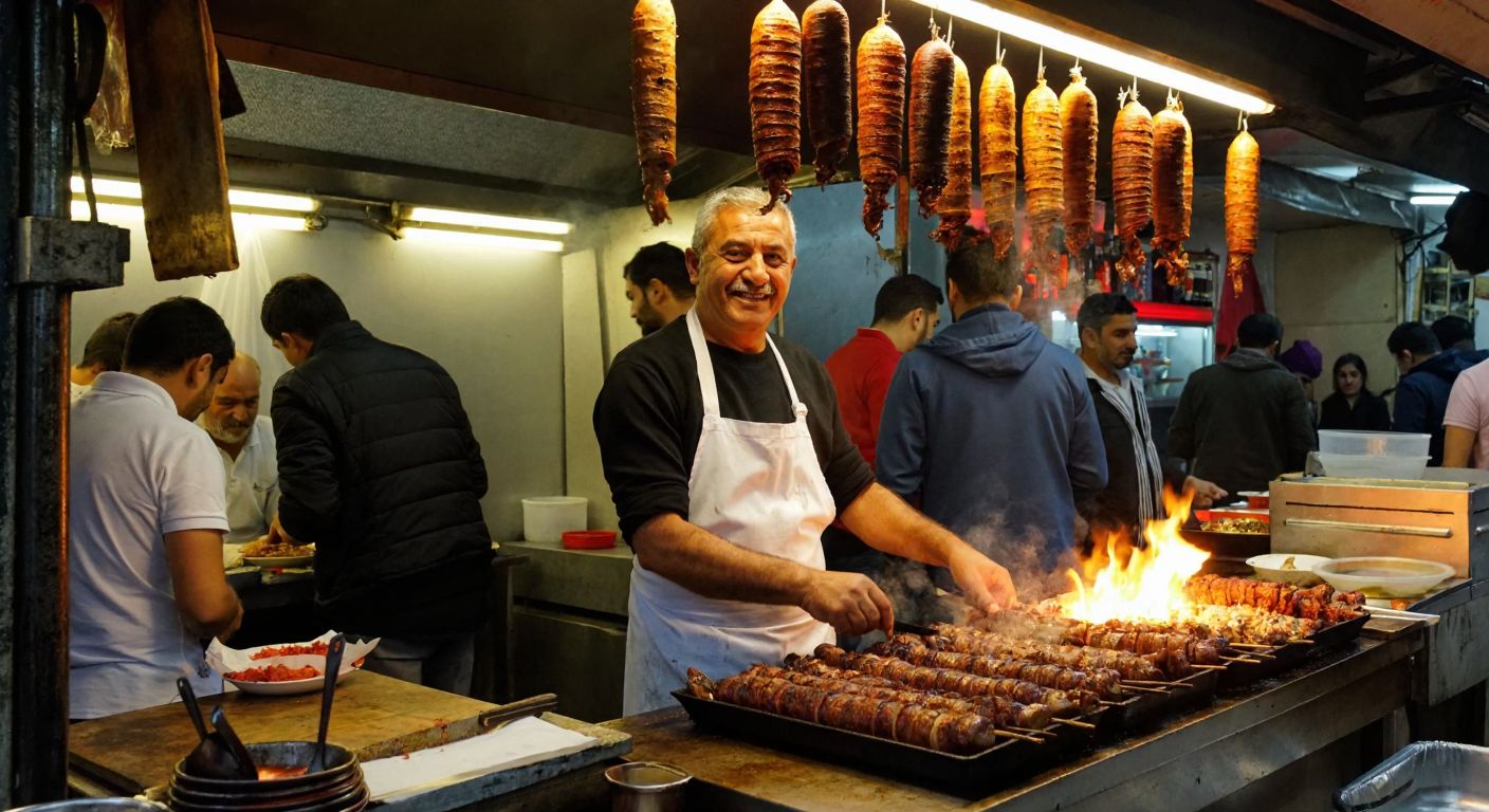 A bustling Istanbul street food stall with a smiling, middle-aged man in a white apron grilling kokoreç over an open flame, surrounded by eager customers and the aroma of spices filling the air.
