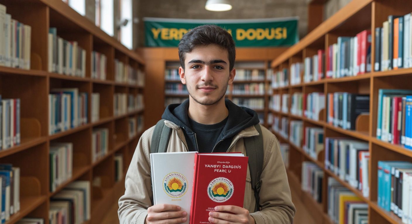 A young Turkish student in a university library holding two different textbooks, symbolizing the Yandal Programı (YDP), while a political rally banner with a sunrise motif represents the Yeniden Doğuş Partisi (YDP) in the background.