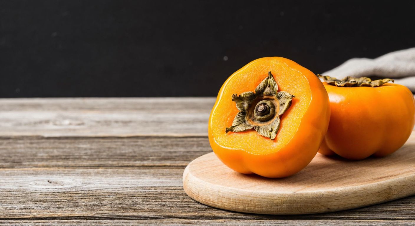 A sun-dried, deep-orange Trabzon persimmon resting on a rustic wooden table in a Turkish kitchen, with a single portion carefully separated from a small pile, conveying moderation and health awareness.