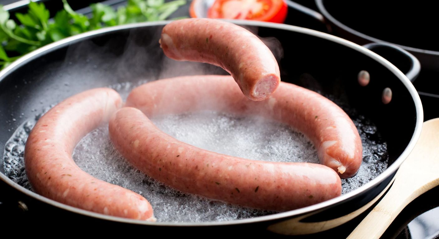 A close-up of plump, pink sausages gently simmering in a bubbling pot of water on a stovetop, with steam rising and one sausage slightly split open, surrounded by fresh herbs and a wooden spoon resting nearby.
