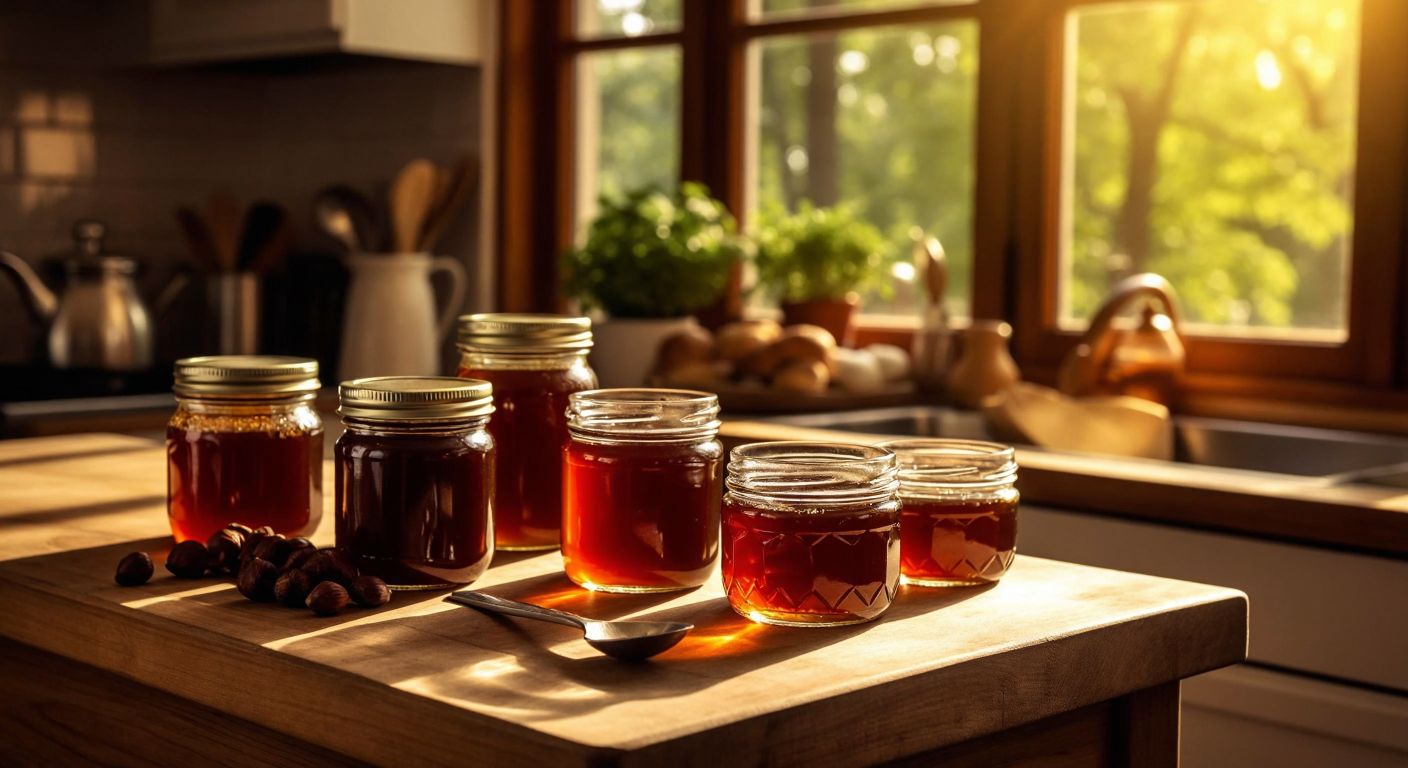 A wooden table in a cozy Turkish kitchen with jars of dark amber chestnut honey from different brands, a spoon resting on one jar, and a warm golden light casting a inviting glow.