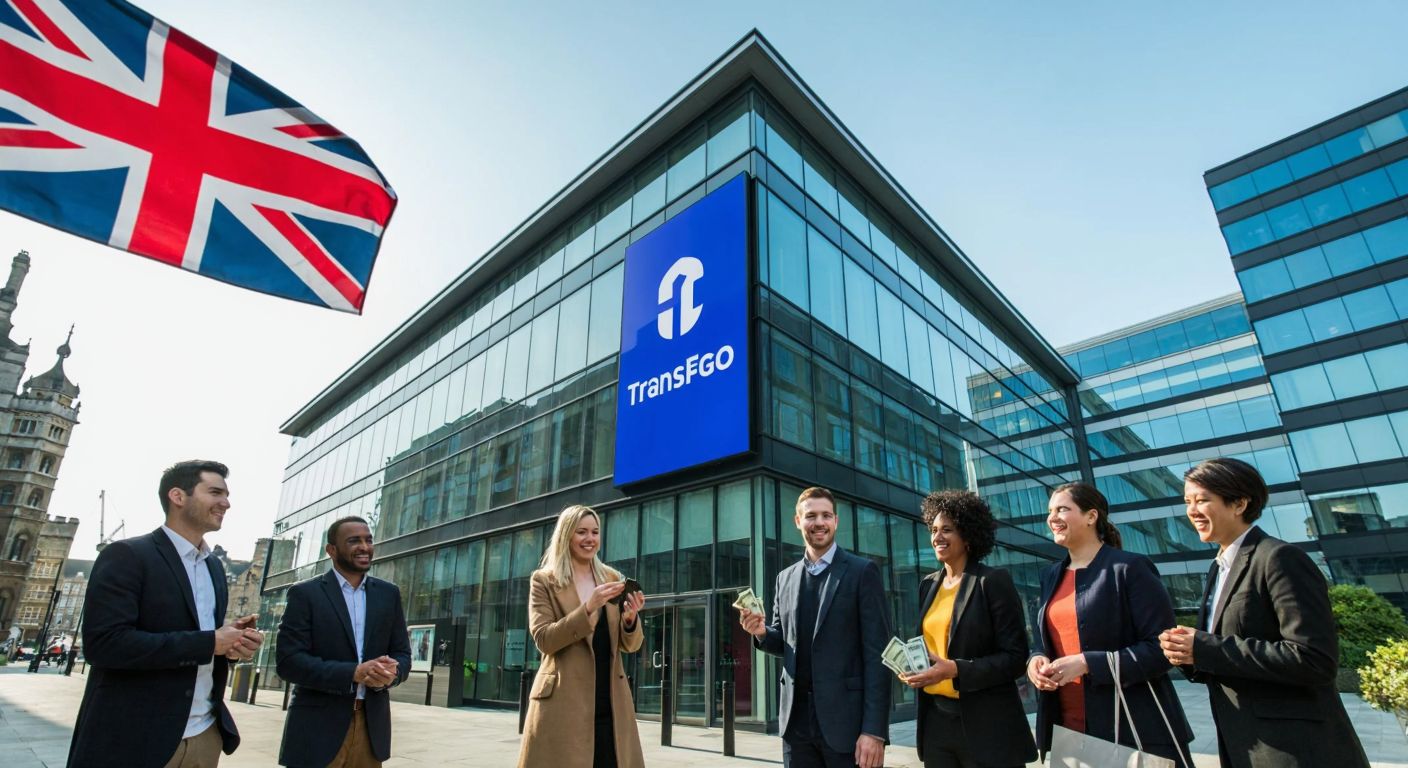 A modern office building in London with the TransferGo logo displayed on a glass facade, surrounded by people of diverse backgrounds exchanging money and smiling, with a faint outline of the British flag in the background.