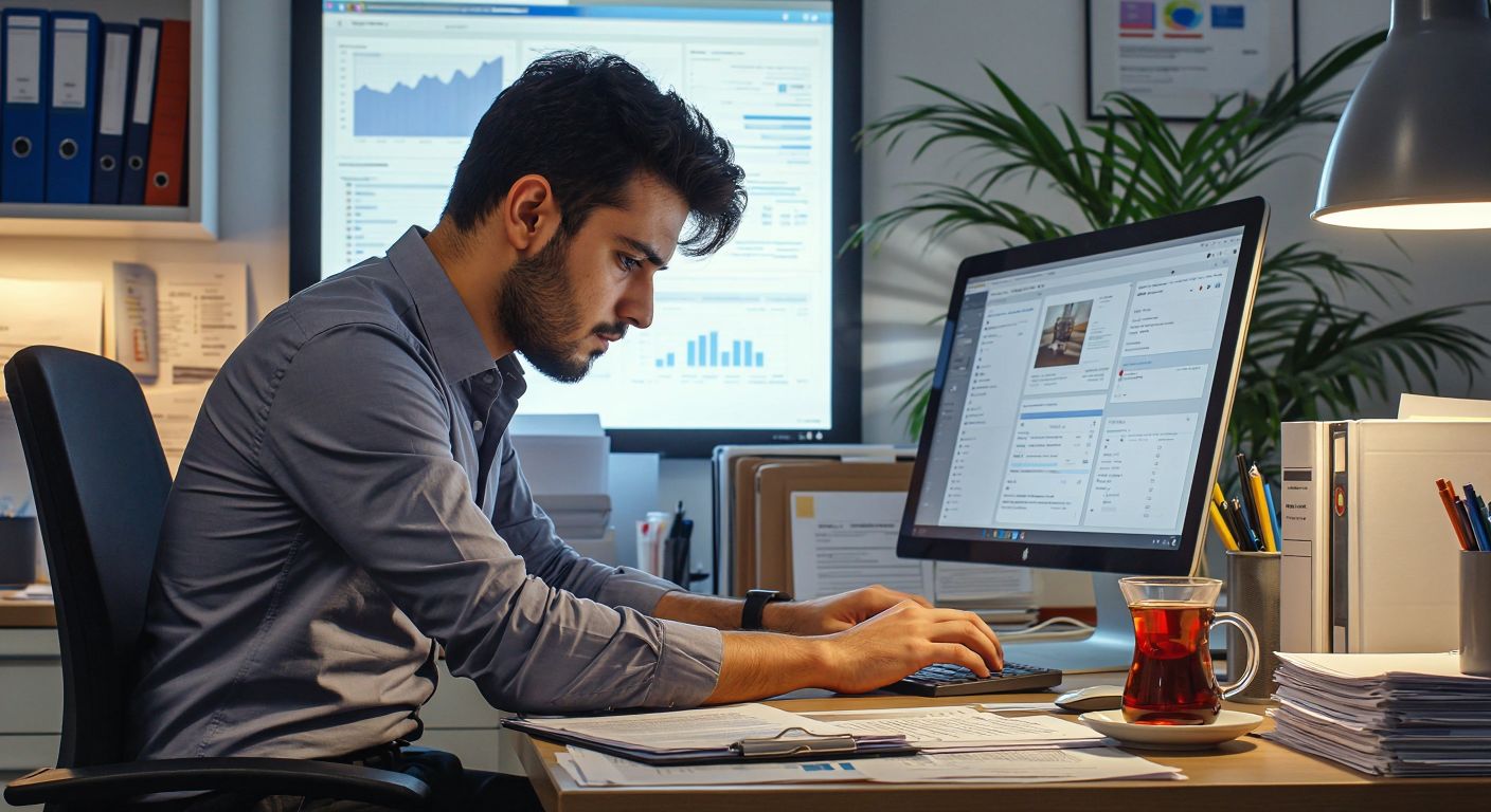 A focused Turkish office worker in a business-casual outfit carefully navigates a digital interface on a computer screen, surrounded by neatly organized paperwork and a steaming cup of Turkish tea.
