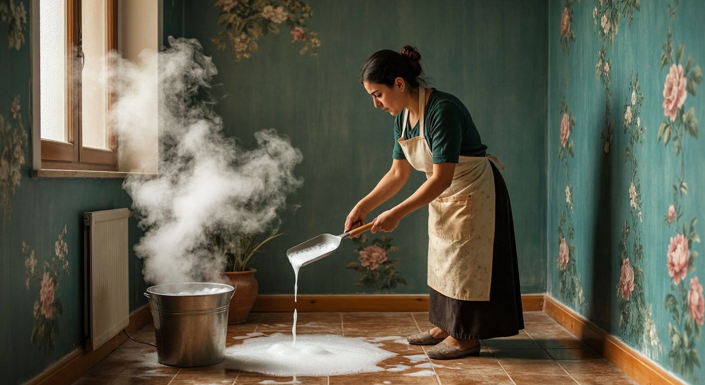 A Turkish woman in a casual apron carefully peels off sticky wallpaper using a metal spatula, while steam rises from a handheld steamer nearby, and a bucket of soapy water sits on the floor beside her.