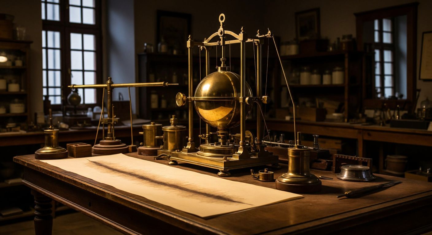 A vintage brass seismograph with a weighted pendulum sits on a wooden table in a dimly lit Turkish geology lab, its needle tracing jagged lines on a slowly unrolling paper scroll as faint tremors ripple through the ground.