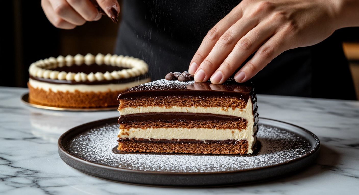 A warm Turkish kitchen with a marble countertop displaying layers of almond sponge cake, glossy chocolate ganache, and coffee-infused buttercream being carefully assembled by hands dusted with powdered sugar.  

(Note: The description avoids text, symbols, and technology while evoking the process and ingredients of Opera Cake in a Turkish setting.)
