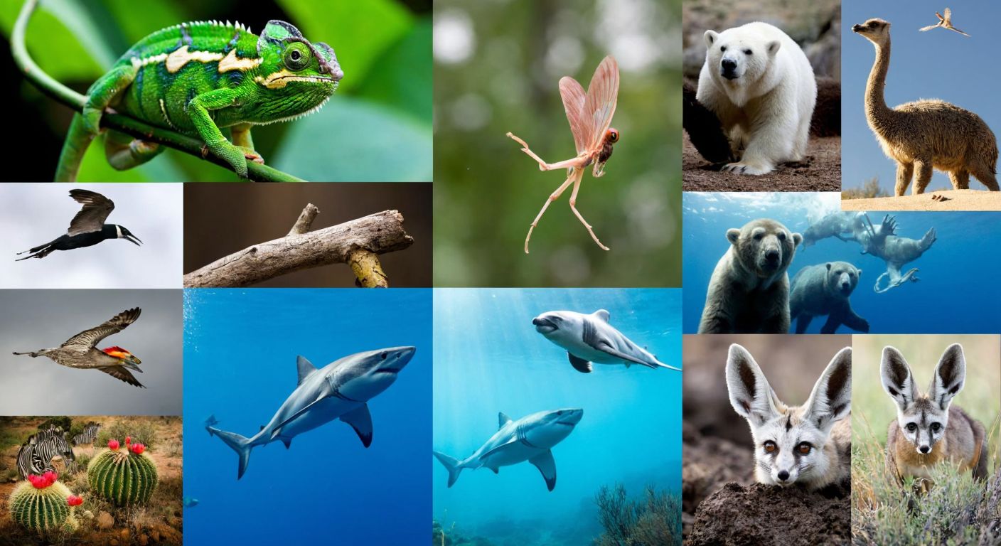 A vibrant collage of animals in their natural habitats—a chameleon blending into green leaves, a frog catching a fly with its long tongue, an ostrich sprinting on powerful legs, penguins swimming in icy waters, a polar bear with thick fur in the snow, a cactus in a desert, a shark gliding underwater, a spider weaving its web, zebras grazing on a savanna, and a desert fox with large ears.