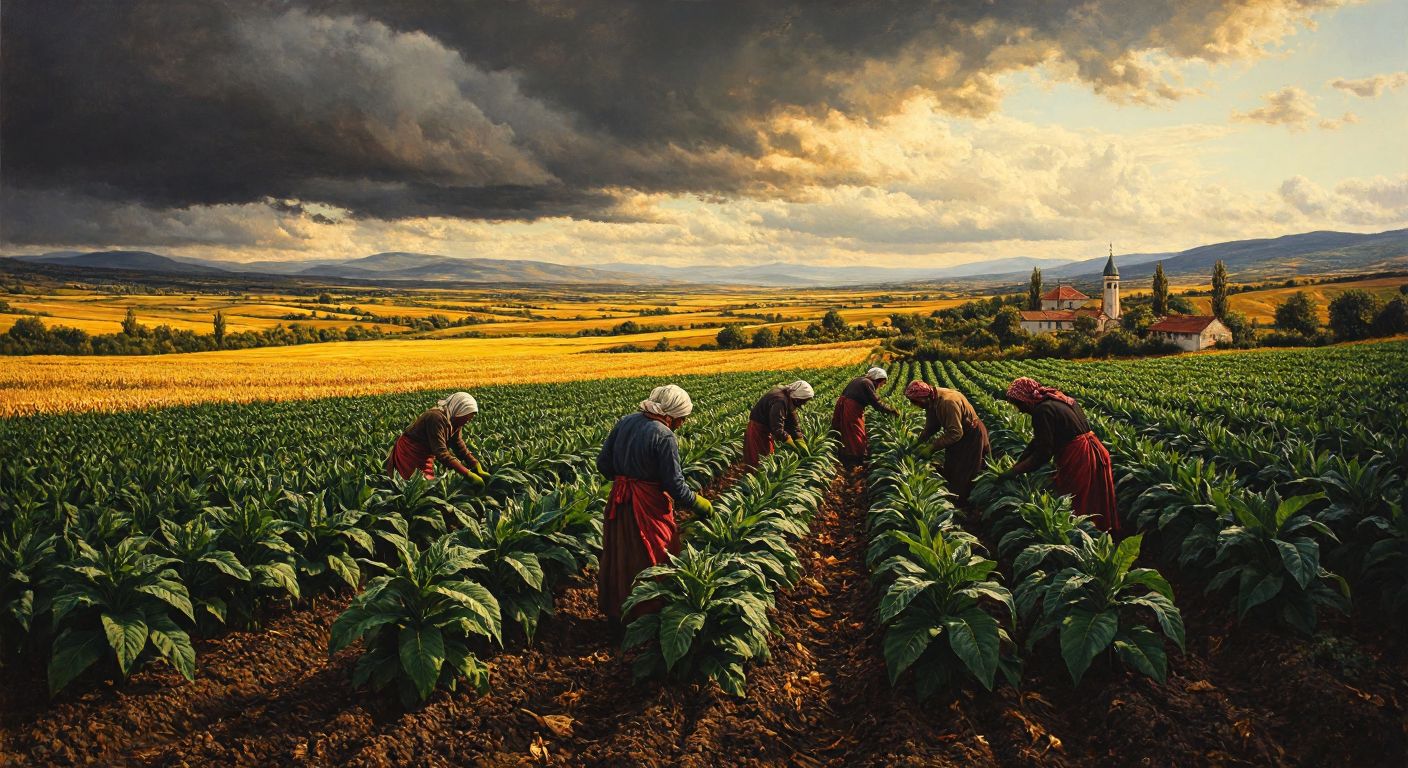 A sunlit tobacco field in Turkey with farmers in traditional attire harvesting dark green leaves, while a distant Russian landscape mirrors the scene with golden fields under a cloudy sky.