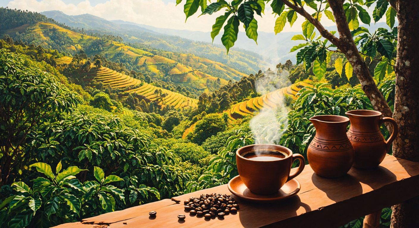 A lush Ethiopian highland with vibrant green coffee plants under golden sunlight, surrounded by traditional clay coffee pots and a steaming cup of freshly brewed coffee.