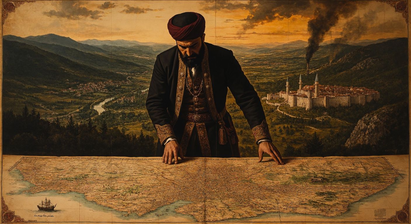 A somber Ottoman official stands over a large, aged map, his hand hovering over the lost territories of northern Serbia, Dalmatia, and Belgrade, while distant Balkan landscapes fade into shadow.