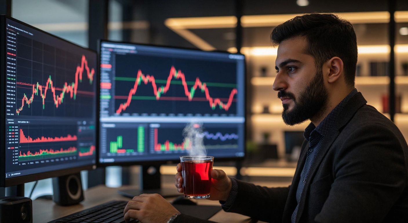 A focused Turkish trader in a modern office, analyzing stock charts on a monitor with fluctuating red and green lines, while holding a cup of steaming çay.