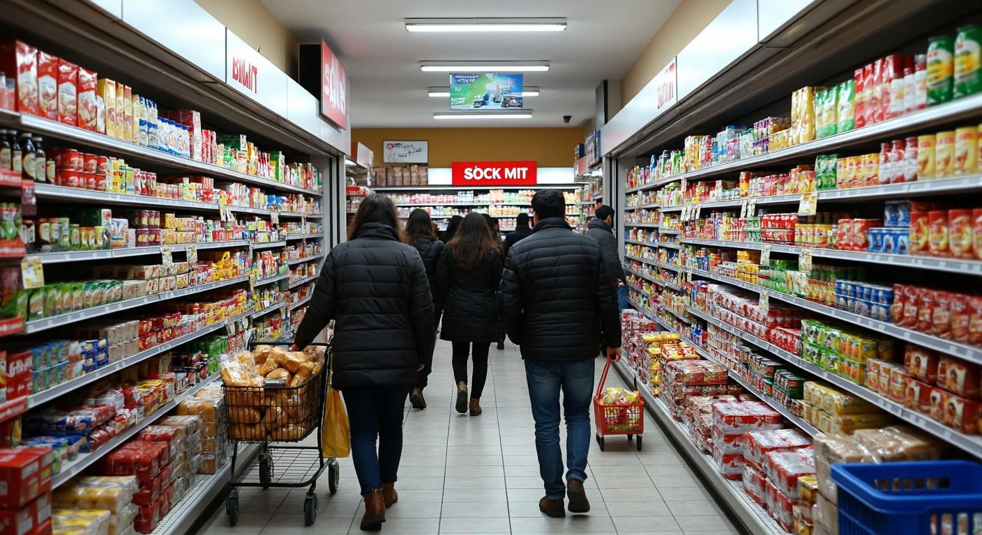 A bustling Turkish street scene with two neighboring discount supermarkets—BİM's shelves overflowing with diverse, lesser-known products and ŞOK's neatly organized aisles showcasing familiar brands, while shoppers compare prices with thoughtful expressions.