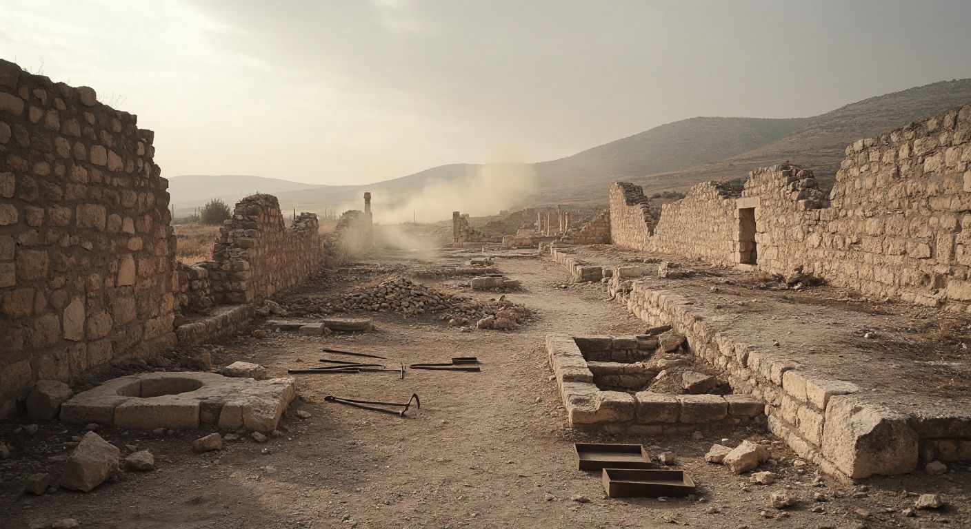 A desolate archaeological site in southeastern Turkey, with crumbling ancient stone walls under a dusty sky, abandoned tools scattered near unearthed foundations, and a faint tension in the air suggesting unrest.
