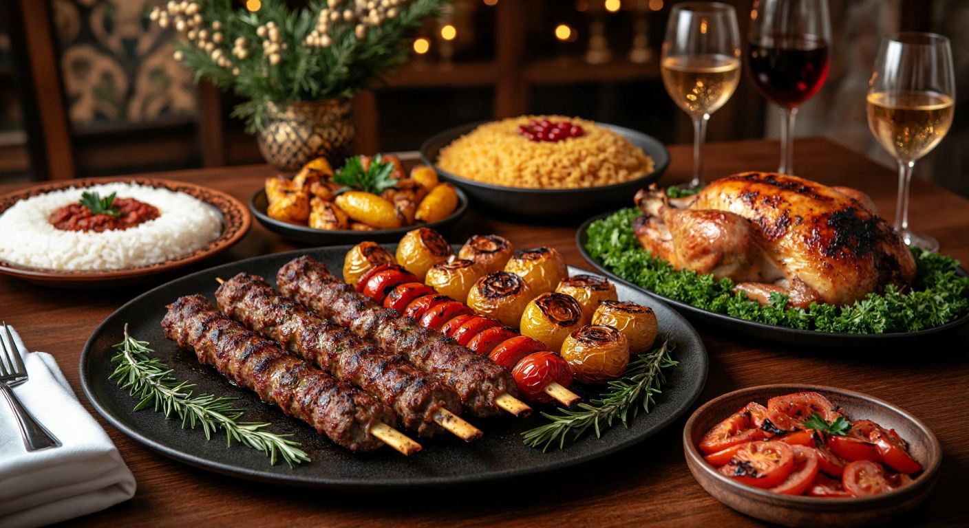 A festive Turkish dining table set for New Year's Eve, featuring a sizzling plate of Adana-style **Boru ve Açma Kebabı** with grilled ribs, alongside a golden **Fırında Hindi Dolması** stuffed with aromatic rice, surrounded by roasted vegetables and fresh herbs.
