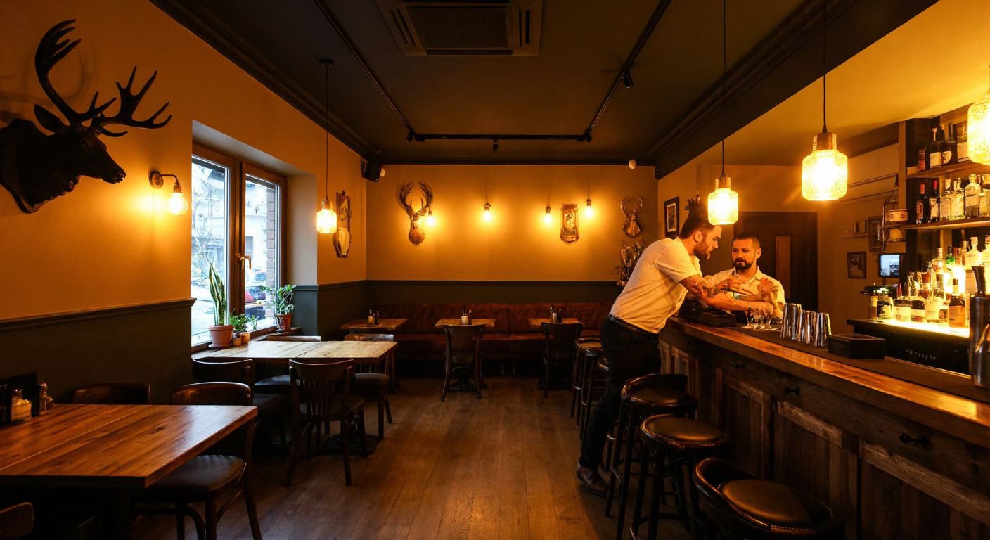 A dimly lit, cozy bar in Kadıköy with warm amber lighting, wooden tables, and a rustic deer-themed decor, where a curious patron leans toward a bartender shaking a cocktail.
