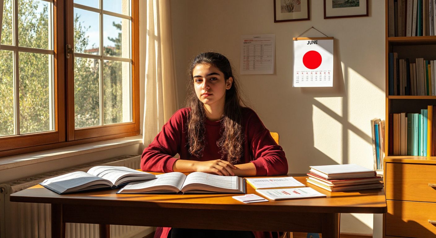 A young Turkish student sits at a wooden desk in a sunlit room, surrounded by open textbooks, flashcards, and a notebook with highlighted notes, while a calendar marked with a red circle on June hangs on the wall behind them.
