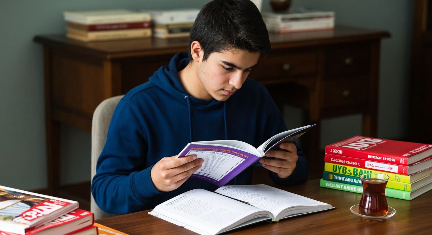 A young student in Turkey sits at a wooden desk, intently flipping through a YDS question bank book, with stacks of similar books and a steaming cup of Turkish tea nearby.