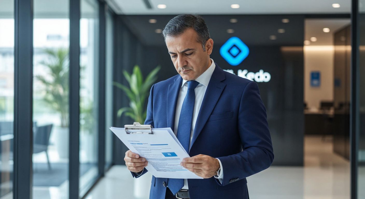 A confident middle-aged Turkish man in a tailored navy suit stands in a modern bank office, reviewing financial documents with a focused expression, while a sleek Yapı Kredi logo subtly blends into the glass wall behind him.