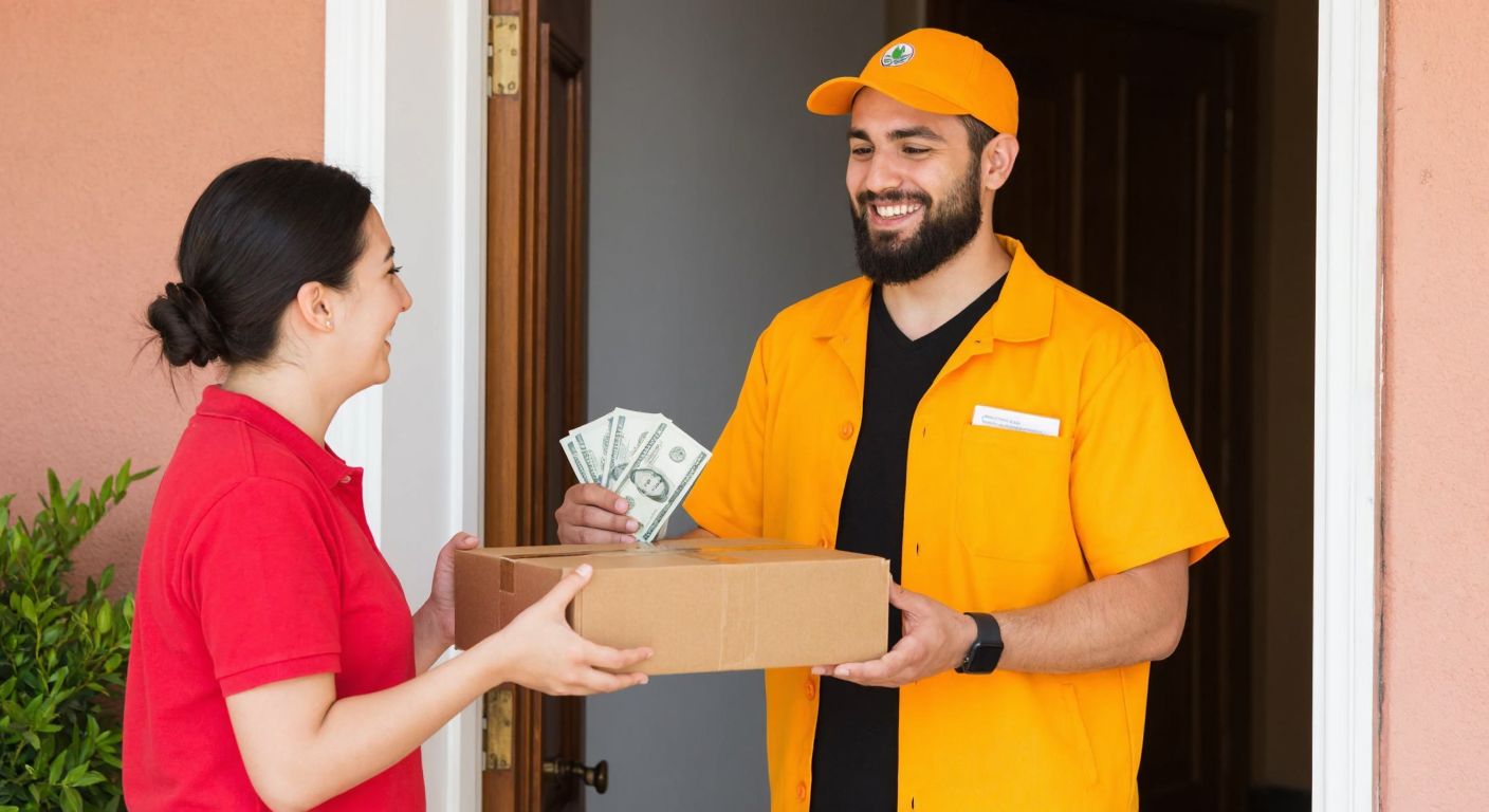 A cheerful delivery person in a bright uniform hands a package to a smiling customer at a doorstep in Turkey, with a small stack of cash visible in the customer's hand.
