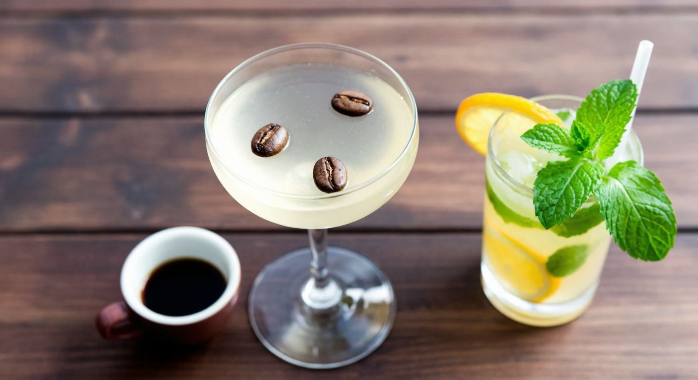 A clear glass of sambuca with three coffee beans floating on top, resting on a rustic wooden table beside a small espresso cup and a cocktail shaker with fresh mint and citrus slices.