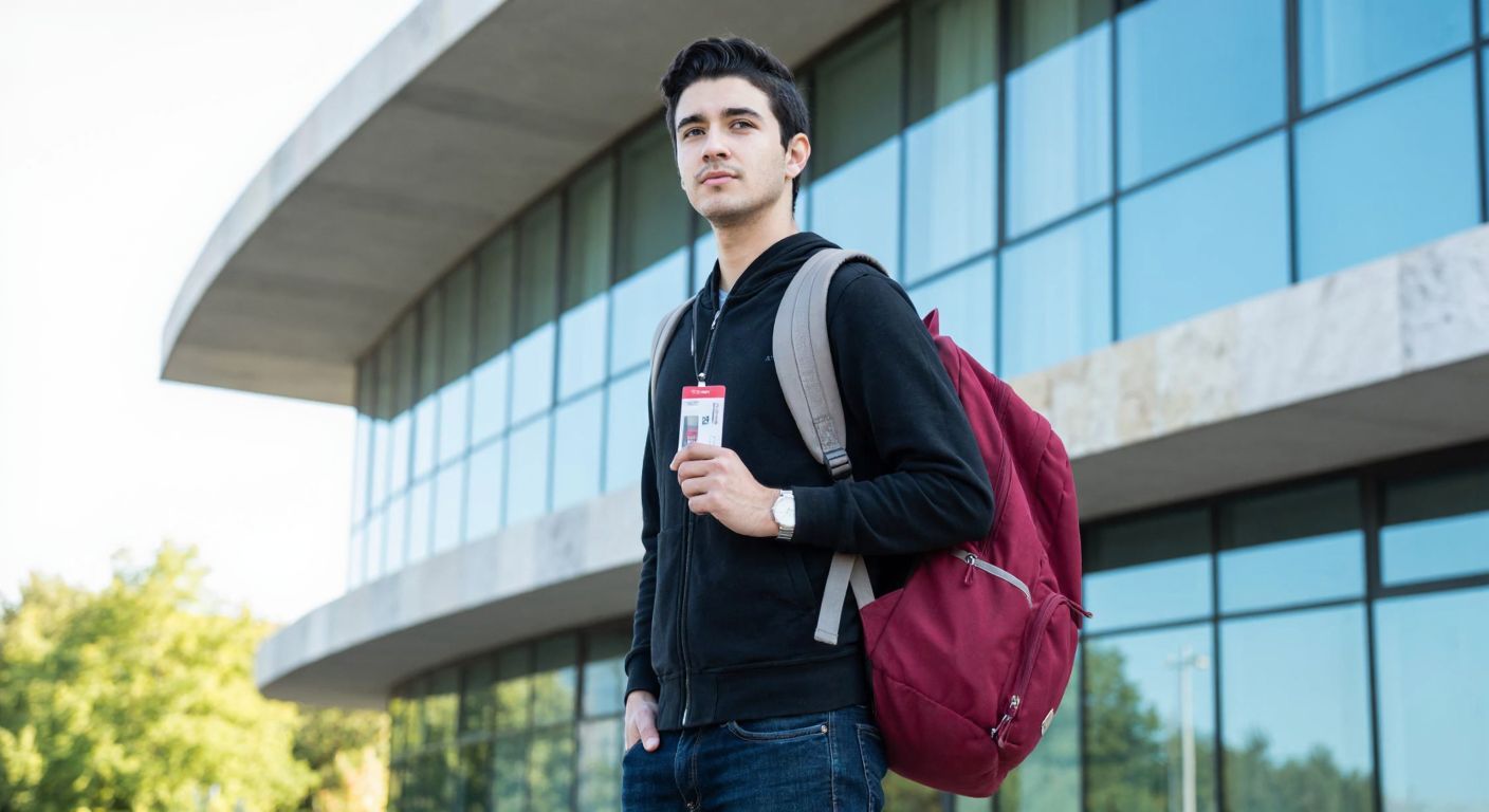 A young university student in Ankara, wearing a backpack and holding a student ID card, stands confidently in front of the modern glass-and-stone facade of Ankara Yıldırım Beyazıt University, with a focused expression as if preparing to log in.