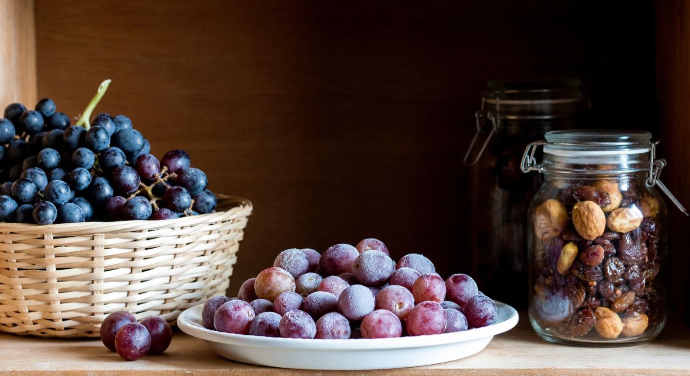 A rustic Turkish kitchen scene with fresh purple grapes in a woven basket, a tray of frozen grapes glistening with frost, and a glass jar of dried raisins beside a cool, dark pantry shelf.